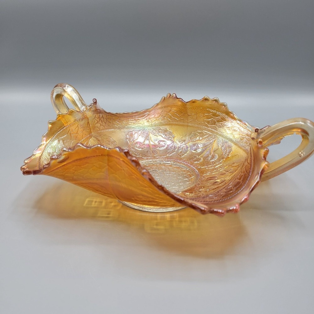 Vintage Fenton Marigold Carnival Iridescent Glass Handled Candy Dish Cherries